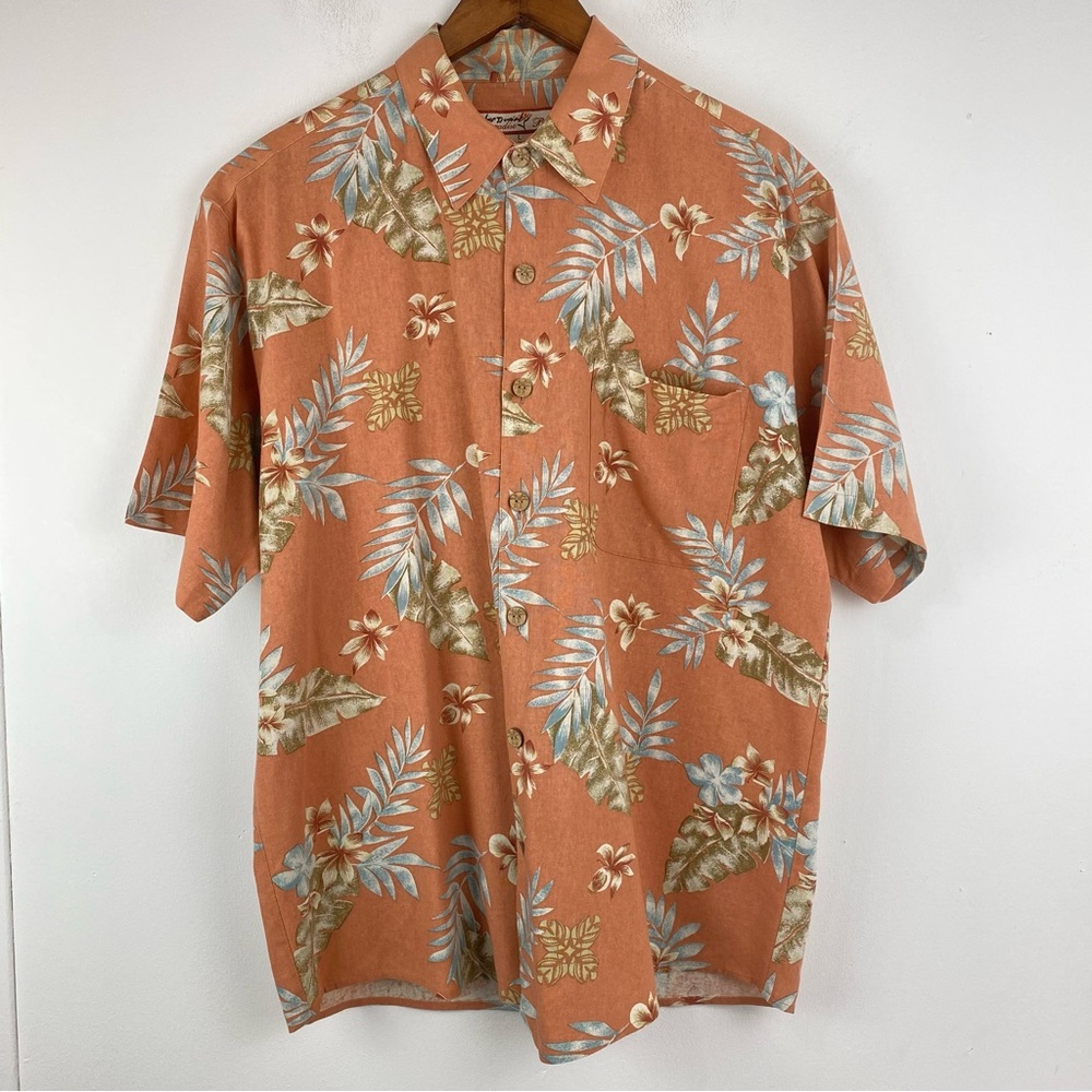 Paradise Blue Sz Large Men’s Orange Tropical Floral Silk/Cotton Button Up Shirt